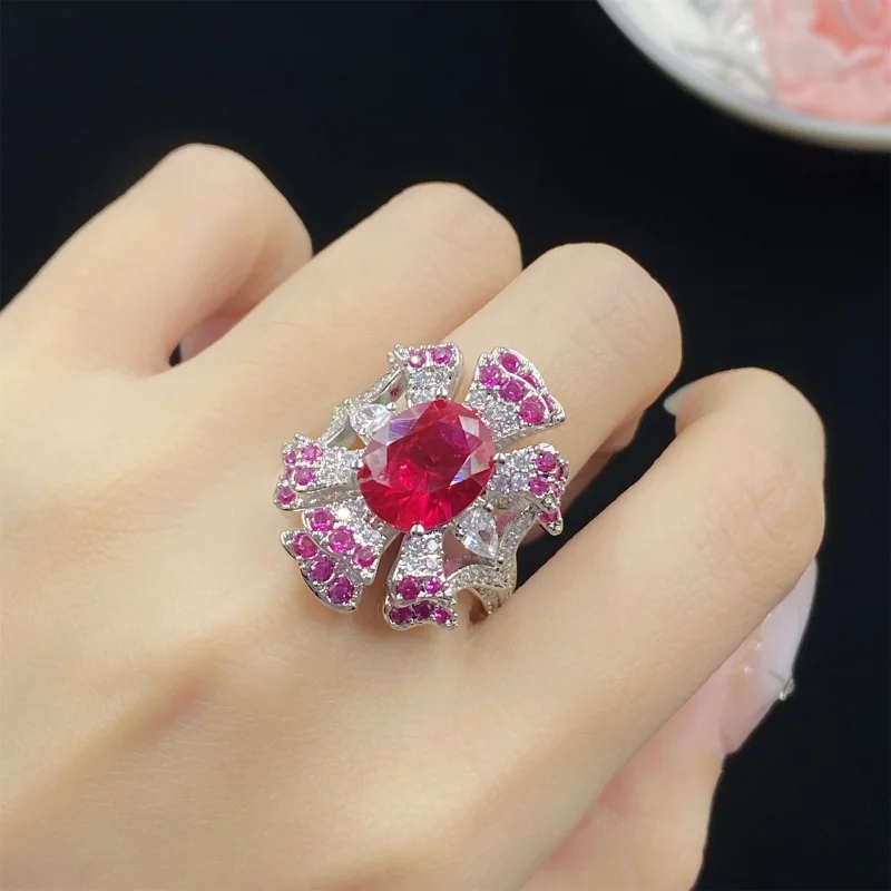

High-end Oval Red Corundum Luxurious Fashion Three-piece Full Diamond Open Ring Women's Elegant Pendant Earrings Set