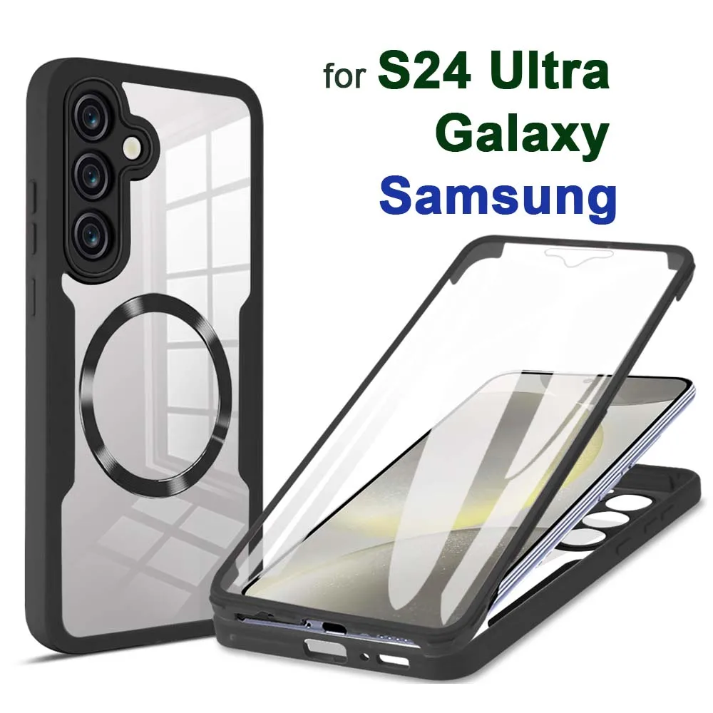 For Samsung Galaxy S23 Ultra 360 Magnetic Case Full Coverage Protection Screen Protector TPU Frame PC Phone Bumper Shell Funda