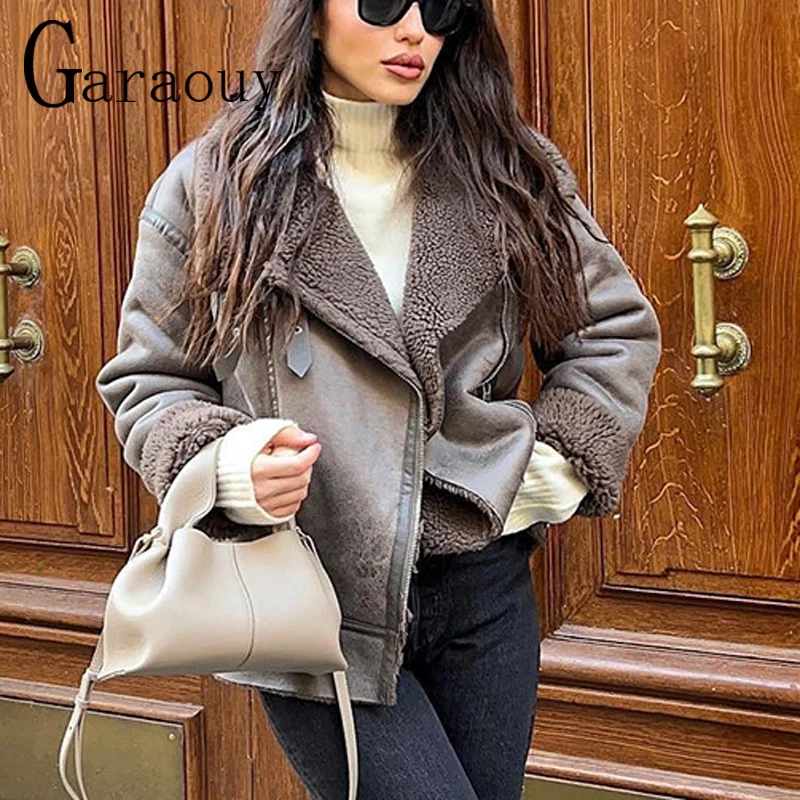 Garaouy 2023ฤดูหนาว Retro ผู้หญิงขนแกะหนาเสื้อหนังเทียมหญิงลำลองหลวม Warm Biker Jacket คุณภาพสูง Outwear Mujer