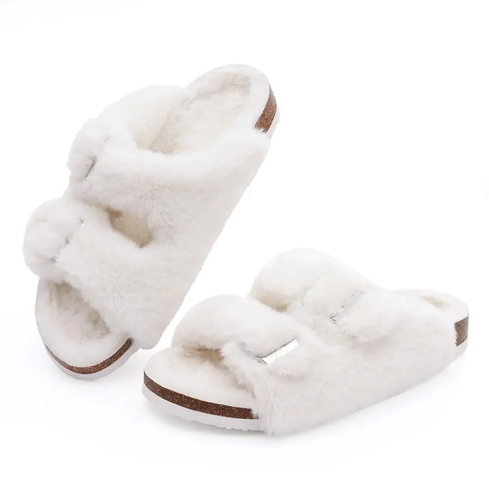 

KIDMI Fuzzy Slippers Women with Cork Footbed Fluffy Slides Open Toe Indoor House Shoes | Arch Support | Adjustable Buckles