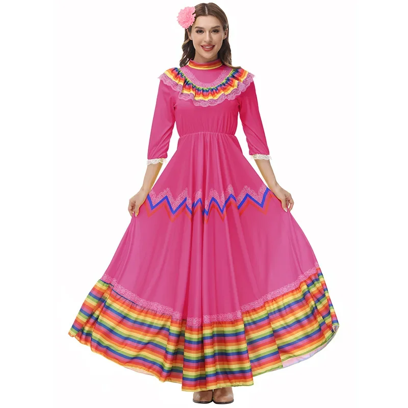 Vestido folclórico mexicano para mulheres, estilo nacional, robe, fantasia de bailarina, povo tradicional mexicano, longo, boêmia