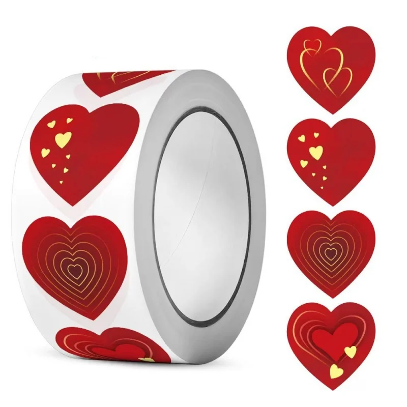 

500pcs 1inch Red Love Shaped Stickers Roller Mother's Day Valentine's Day Sticker with Glittering Patterns Gift Decoration Label