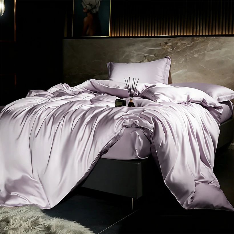 Solid 100% Silk Bedding Set with Duvet Cover Flat Bed Sheet Pillowcase Luxury Mulberry Silk Bedsheet Bed Linen Soft Quilt Cover