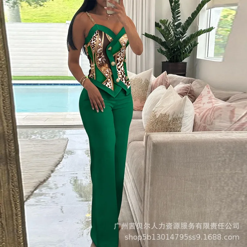 Women Chain Spaghetti Strap Double Breasted Vest Mid-Waist Straight-Leg Pants Trousers Suit Spring Summer New Slim Striped Suit