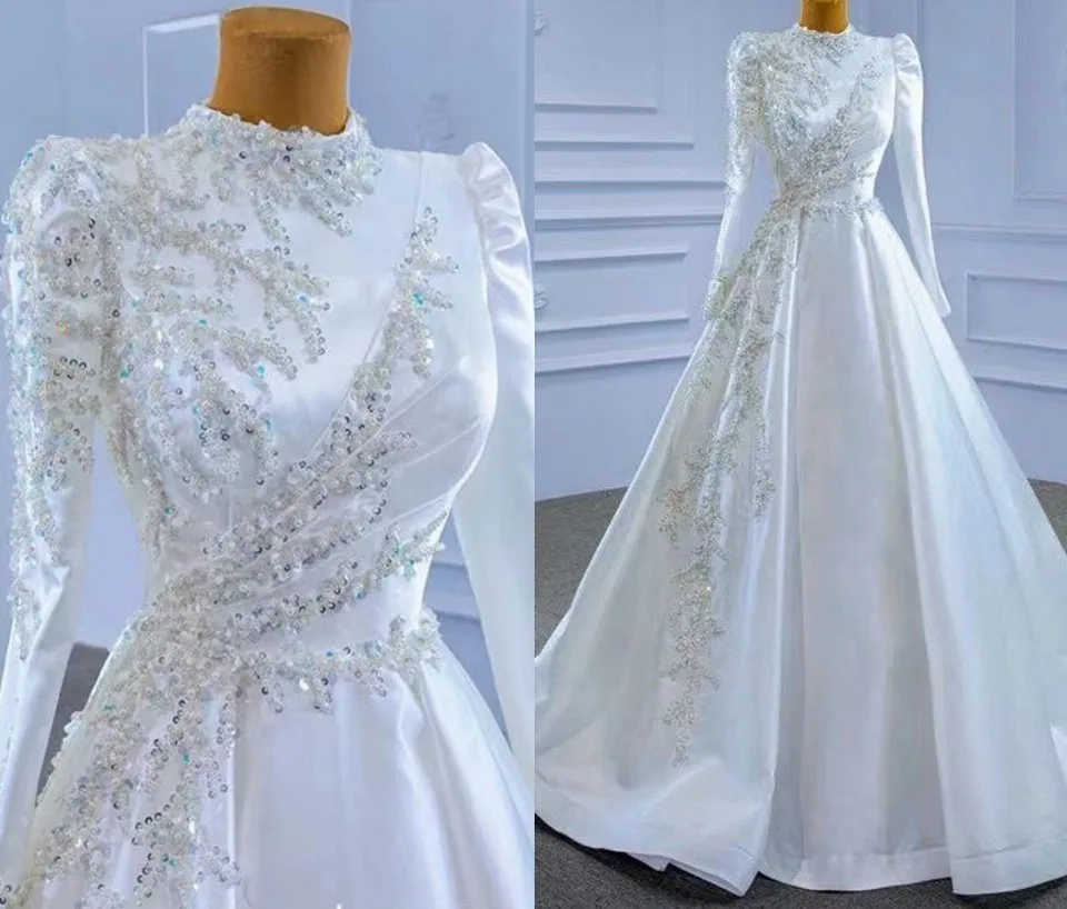 Vestido de noiva com miçangas de lantejoulas, vestido de noiva linha A, gola alta, mangas compridas, Dubai e árabe, customizado, novo design