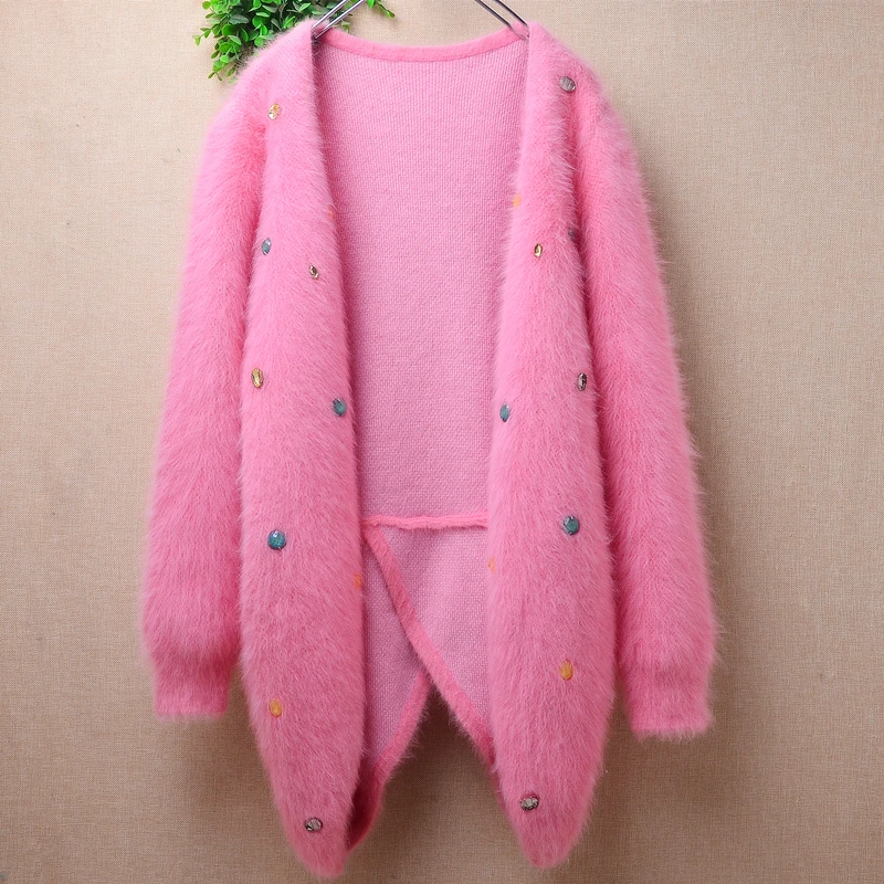 

04 Female Women Fall Winter Clothing Pink Beading Hairy Angora Rabbit Hair Knitted Long Sleeves Slim Cardigans Jacket Sweater