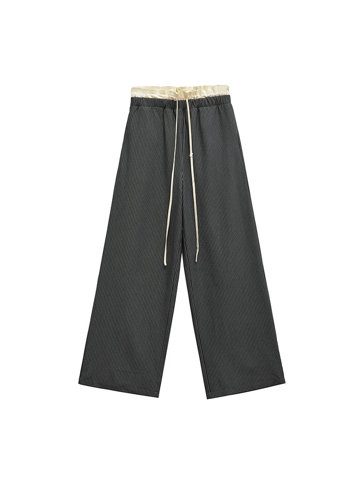 

2024 autumn new women's contrast color fashion temperament splicing design double waist striped straight pants