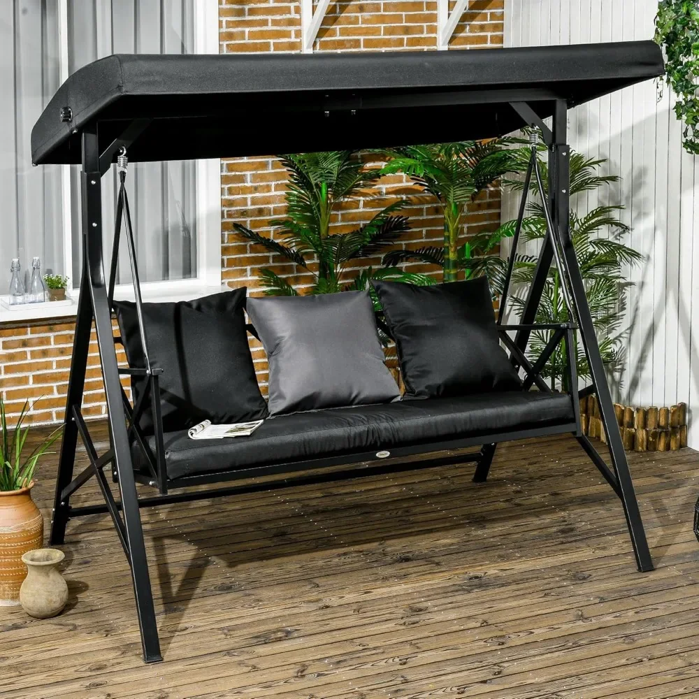 

3outdoor terrace swings with weather resistant steel frame, porch swing with seat cushion,3 pillows and adjustable tilt sunshade