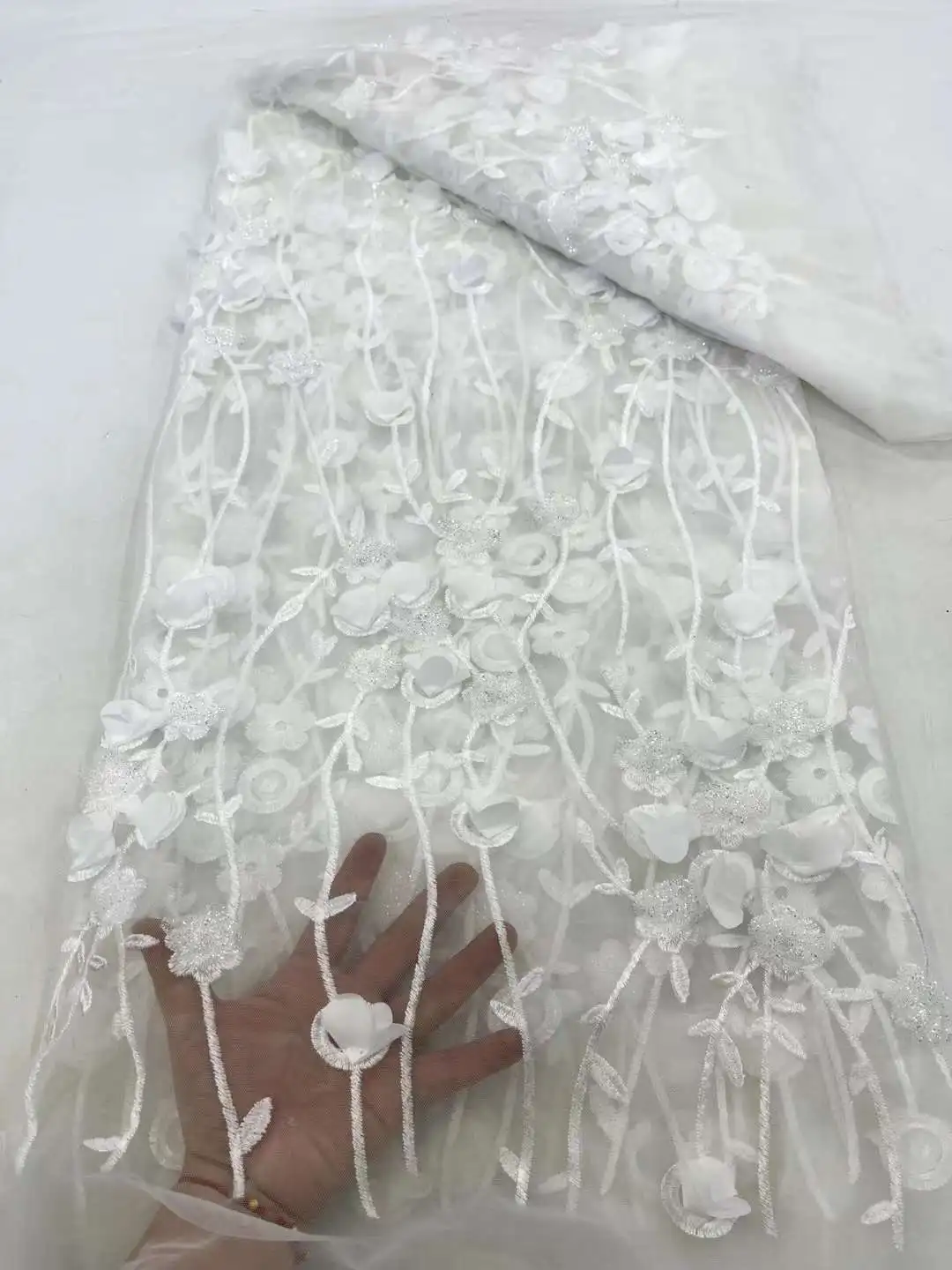 

Tulle Lace Fabric 3D flower High Quality Beautiful Applique Nigerian Lace Fabric For Wedding XZ37HN-06