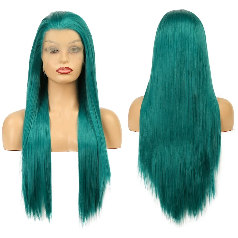 

13x4 Lace Front Wig Emerald Teal Green Long Straight Synthetic Wig Glueless Pre Plucked Hairline For Women Daily Party Cosplay