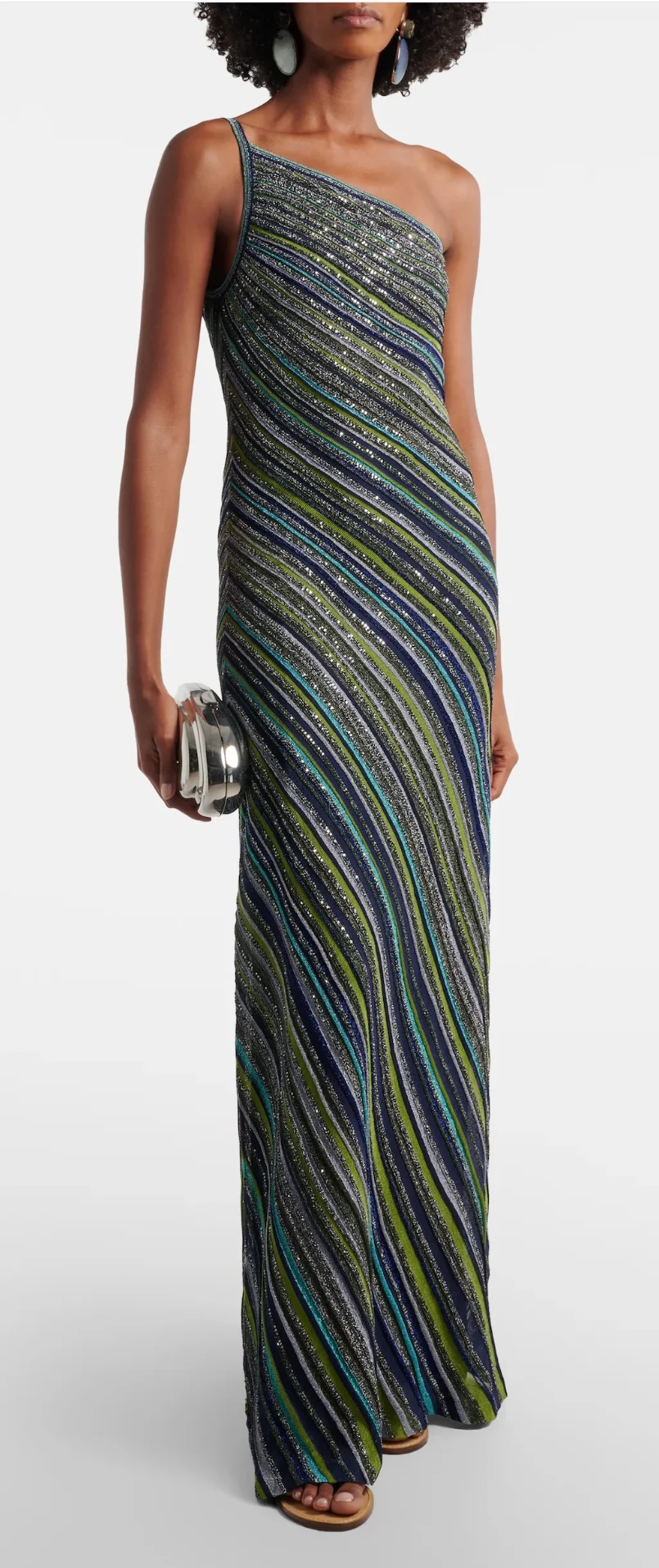 2026 Women Knitted Robe Sequins Gradient Striped Diagonal Collar Sleeveless High Waist Slim Long Dress