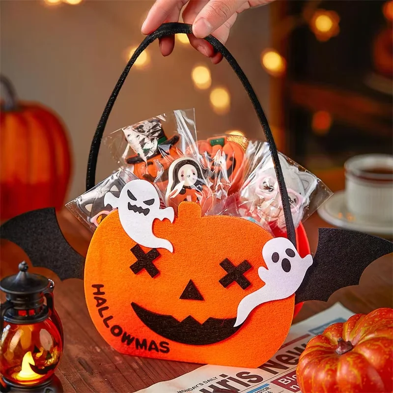 Halloween Packaging Bags Baked Lollipop Protein Toffee Candy Cookies Hand-Held Pumpkin Felt Cloth Bag Empty Halloween Gift Bag