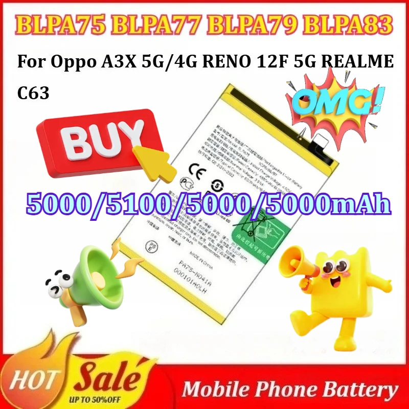 

New BLPA75 BLPA77 BLPA79 BLPA83 5000/5100/5000/5000mAh Mobile Phone Battery for Oppo A3X 5G/4G RENO 12F 5G REALME C63