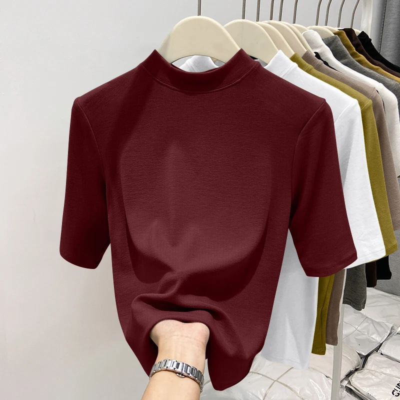 

Women's Ribbed T-irt Spring Autumn Five-Quarter Sve Color Base irt Inner Wear Top Korean Sle Commute Faion