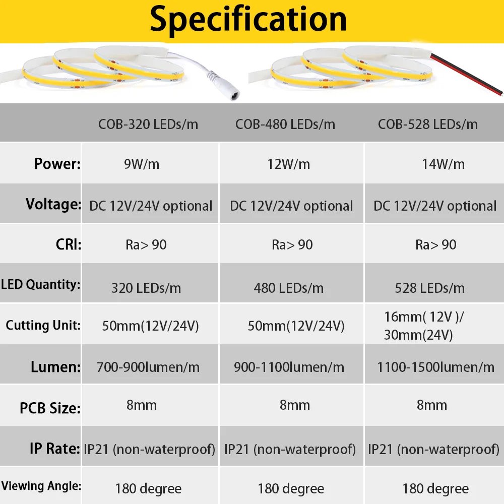 12V 24V COB LED Strip Light Dimmable 320 480 528 LED High Density Flexible COB Led Tape RA90 Warm Natural White Linear Lighting