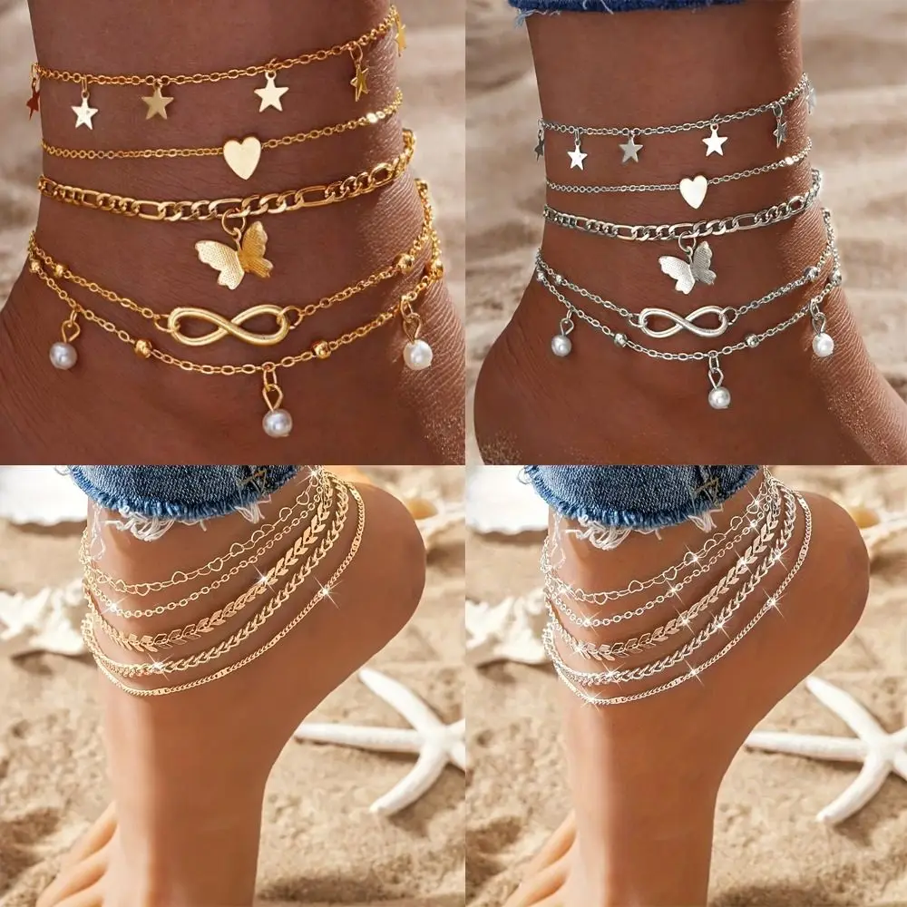 4Pcs/5Pcs 보헤미안 스타일 발찌 조절 가능한 골드/실버 진주 참 발찌 Dainty Multilayer Link Anklet