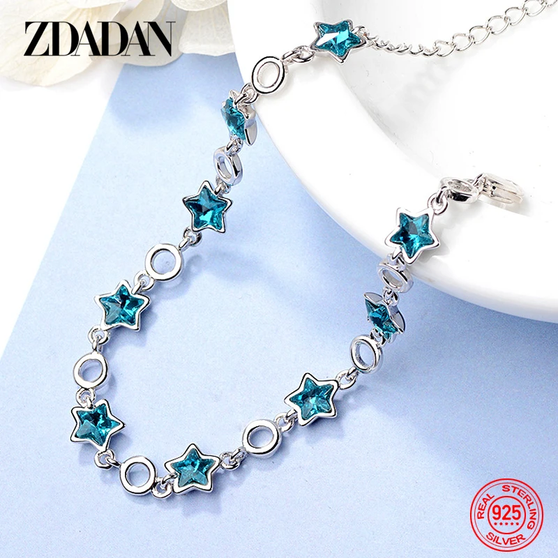 ZDADAN 925 Sterling Silver Blue Star Crystal Bracelet Chain For Women Wedding Jewelry