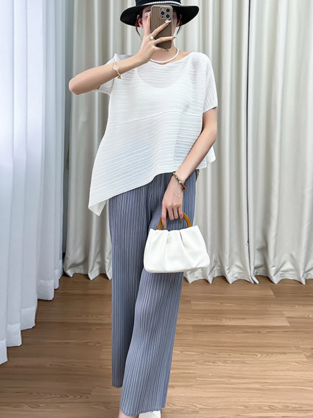 Chic Casual Pants Set Women's Pure Color Uneven Top Waist-Cinching Straight Leg Pants Summer Korean Style Age-Defying Outfit