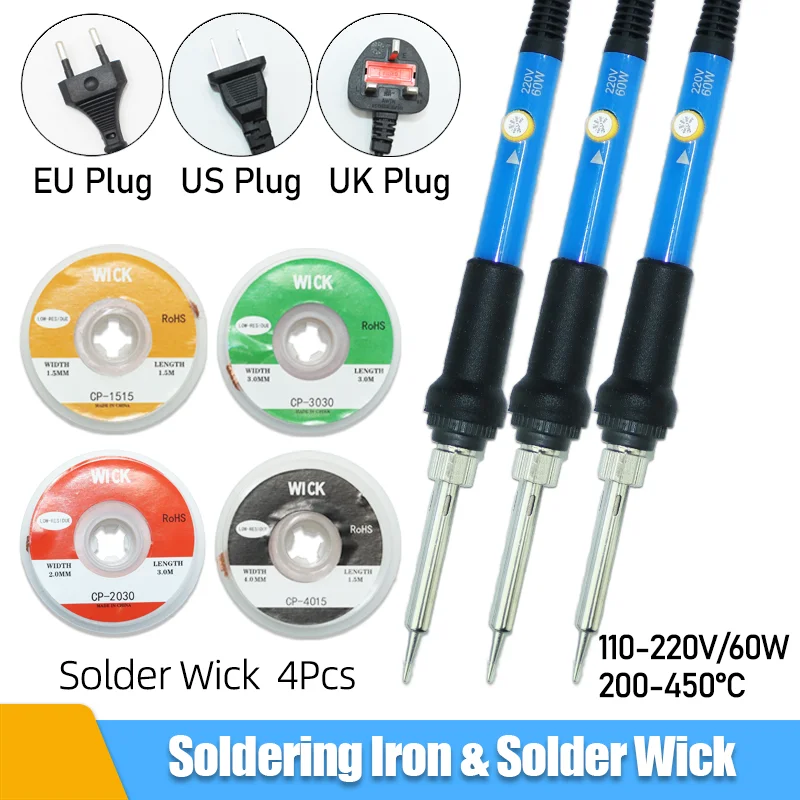 60W Soldering iron Electric and 1.5/3M Desoldering Braid Tin Welding Solder Remover Wick Wire Repair flux for PCB Soldering Tool