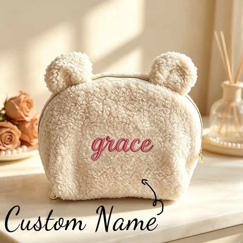 Personalized Plush Bear Makeup Bag, Custom Embroidered Name Cosmetic Travel Pouch, Cute Christmas Gift for Her, Bridesmaid Gift