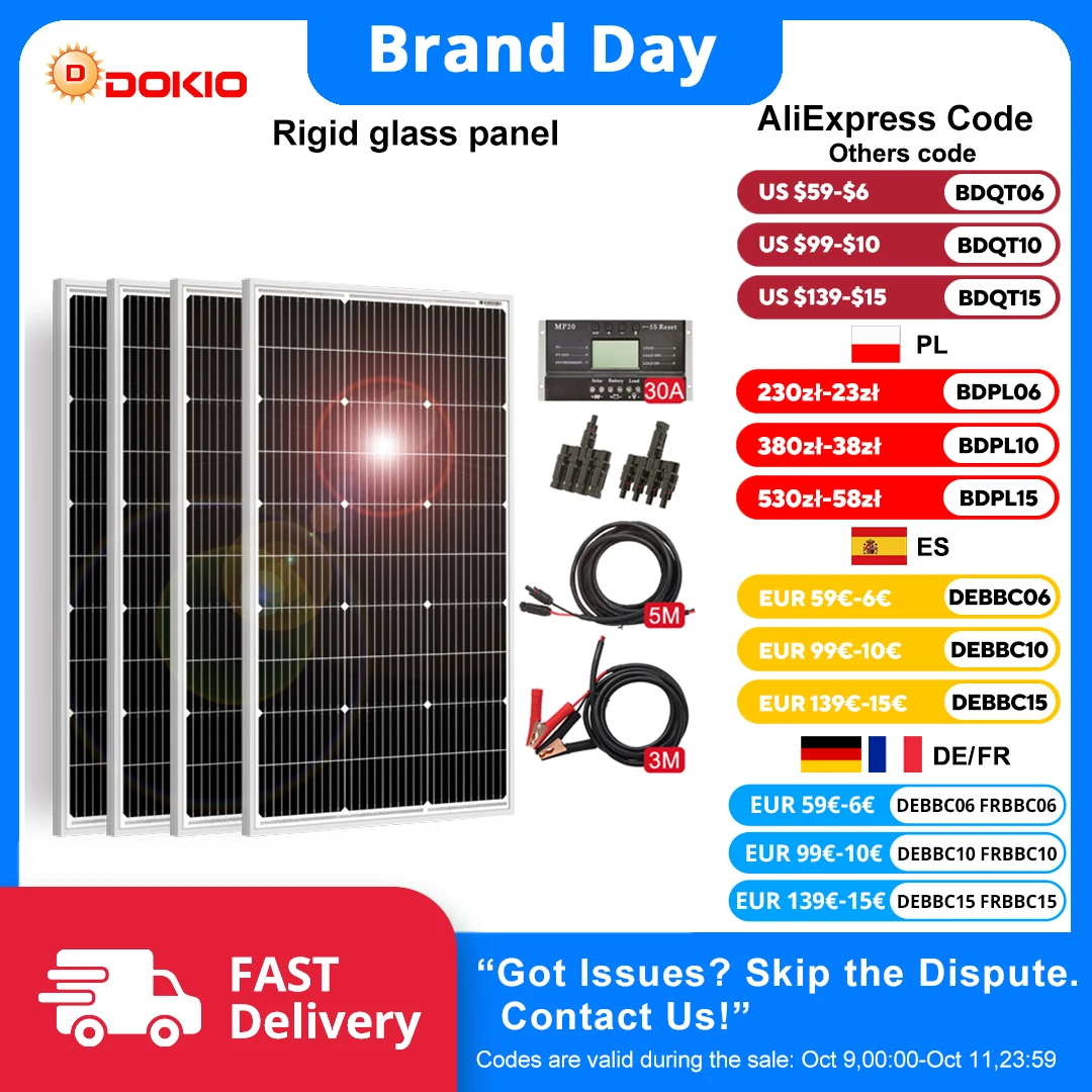Dokio Wasserdichtes starres monokristallines Solarmodul-Set (100W/200W/400W) mit Controller - für Haus- und 12V-Autobatterie-Ladung