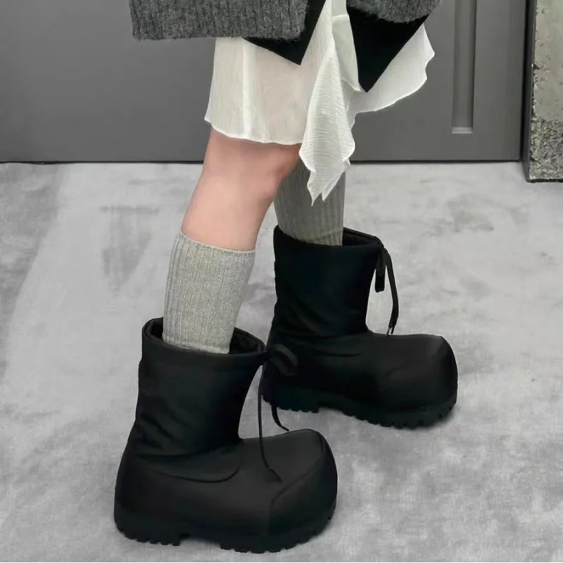 

Brand Big Head Ugly Snow Boots Winter Waterproof Non-slip Drawstring Thick Bottom Warm Heightening Short Boots Women's Ski Boots
