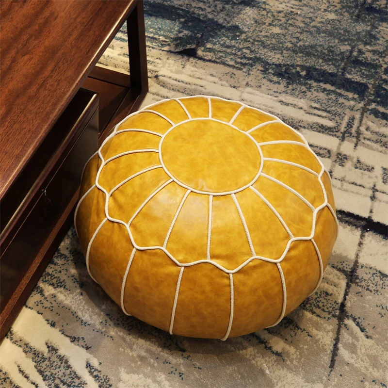 Moroccan PU Leather Pouf Embroider Craft Hassock Ottoman Footstool Nordic Style Round Large Artificial Leather Unstuffed Cushion