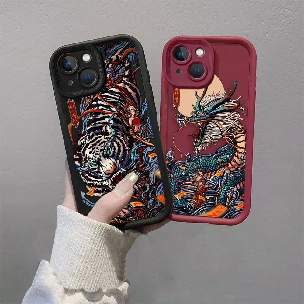 Dragon Tiger Clouds Line Art Cover Phone Case For VIVO V23 V23E V25 V27 V27E V29 V30 V30E V40 X60 X70 X80 X90 X100 S12 Case Capa