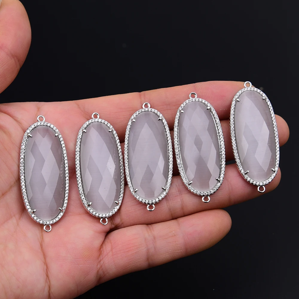 

APDGG 5 Pcs Big Natural Gray Cat eye Stone Cz Paved Sliver Color Connector Pendant Jewelry Making DIY