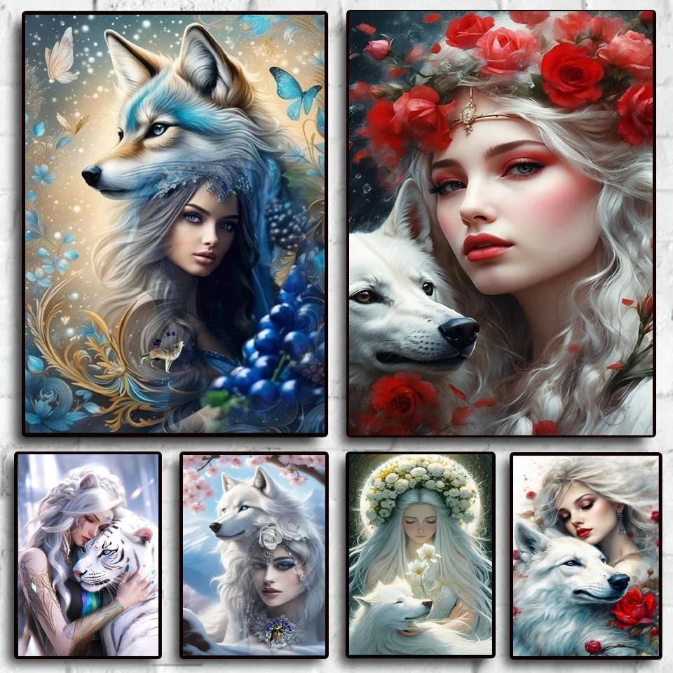 5D DIY Diamond Painting Woman Wolf Butterfly Full Square Round Diamond Embroidery Set Mosaic Art Picture Mural Home Decoration