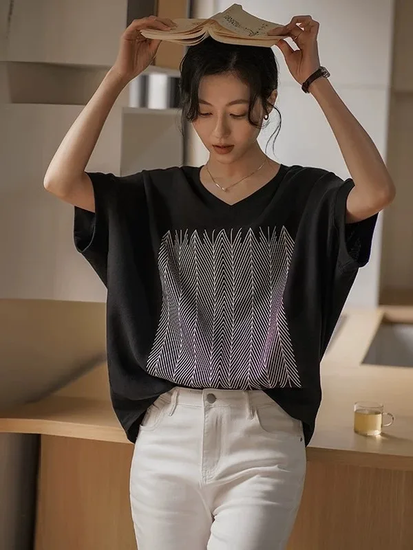 

Loose Silken V-Neck Batwing Sleeve Shirt Women's Korean Style Artistic Summer New Fashion Print T-Shirt Breathable Casual Top