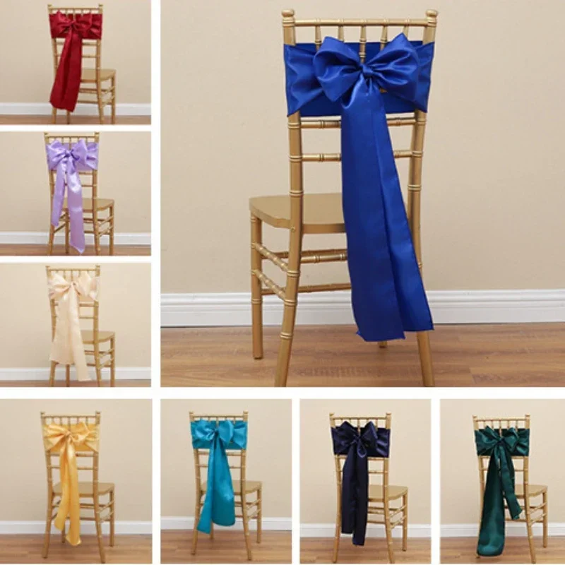 Solid color Chair Cover Bow Tie Tie Hotel Wedding Banquet Upscale Chair Back Flower Decoration Chair Back Elastic Satin Ribbon