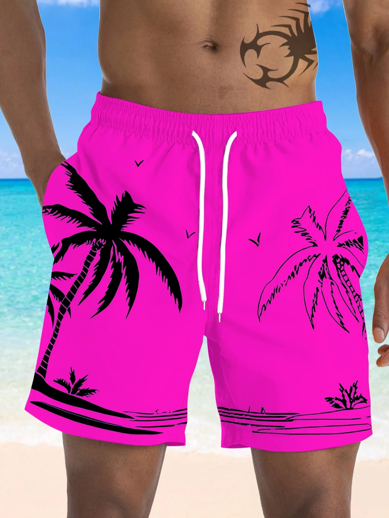 

- Vibrant Pink Tropical Print, Drawstring Waist, Quick-Dry, Lightweight Summer Board Shorts for Vacation & Surfing, PLUS SIZE
