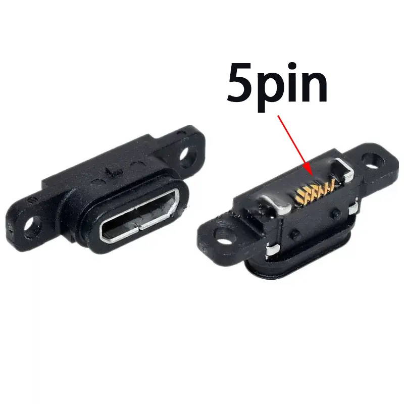 2 قطعة مايكرو USB 5pin شحن مقبس متفرع حوض ميناء 5P IP67 موصل سالب مقاوم للماء مع ثقب المسمار