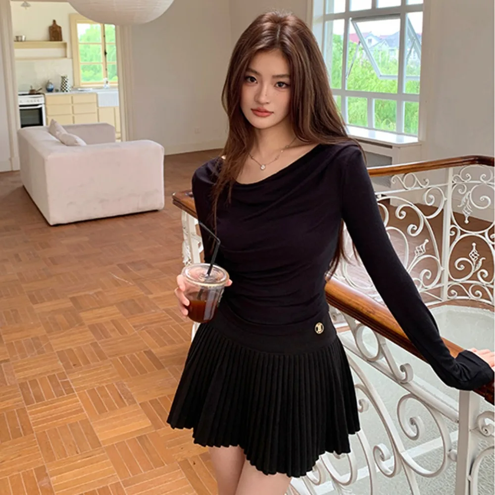 

2026 Spring New Swing Neck Shoulder Long Sleeve T-Shirt Women's Bottom Shirt Top