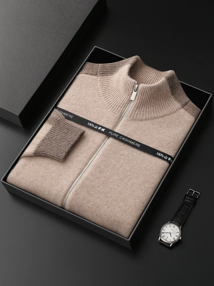 CHICUU Men's 100% Cashmere Sweater Mock Neck Zipper Cardigan Thickness Smart Casual Cashmere Knitwear Coat Autumn Winter Tops