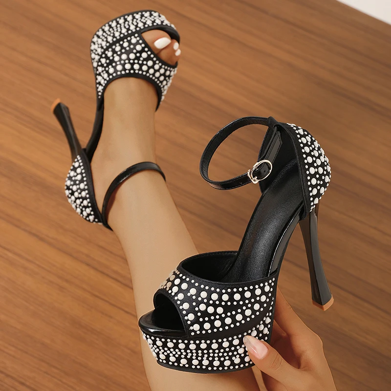 

Black Stiletto Heels Sandals Summer Pearl Platform Shoes For Woman High Heels Gladiator Sandals Fashion Party Shoes