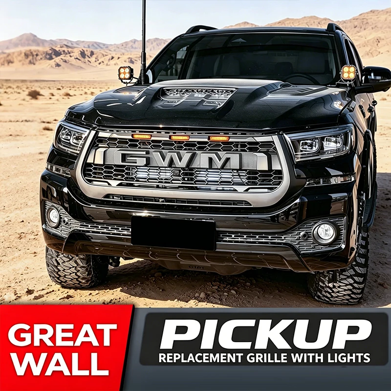 For Great Wall GWM Poer Cannon 2019-2026 Front Bumper Grille Black Mesh Replacement Grill LED Light Pickup Truck Exterior Parts