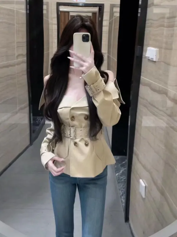 

Уникальное модное ретро-пальто для женщин с одним плечом и утягивающим поясом, короткое, красивое, весеннее, верхняя одежда