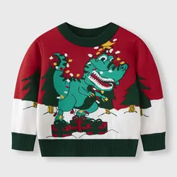 Autumn and Winter Girls' New Dinosaur Christmas Socks Cartoon Cute Printed Long Sleeve Round Neck Christmas Sweater