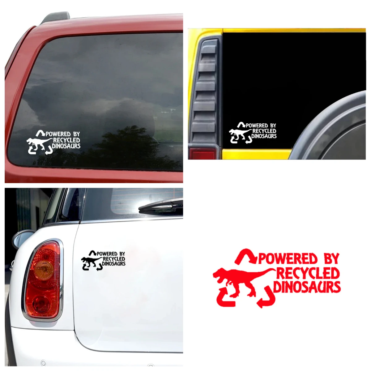 

Funny Bumper Sticker - 'Powered by Recycled Dinosaurs' in Black Silver, Science Humor Vinyl Decal