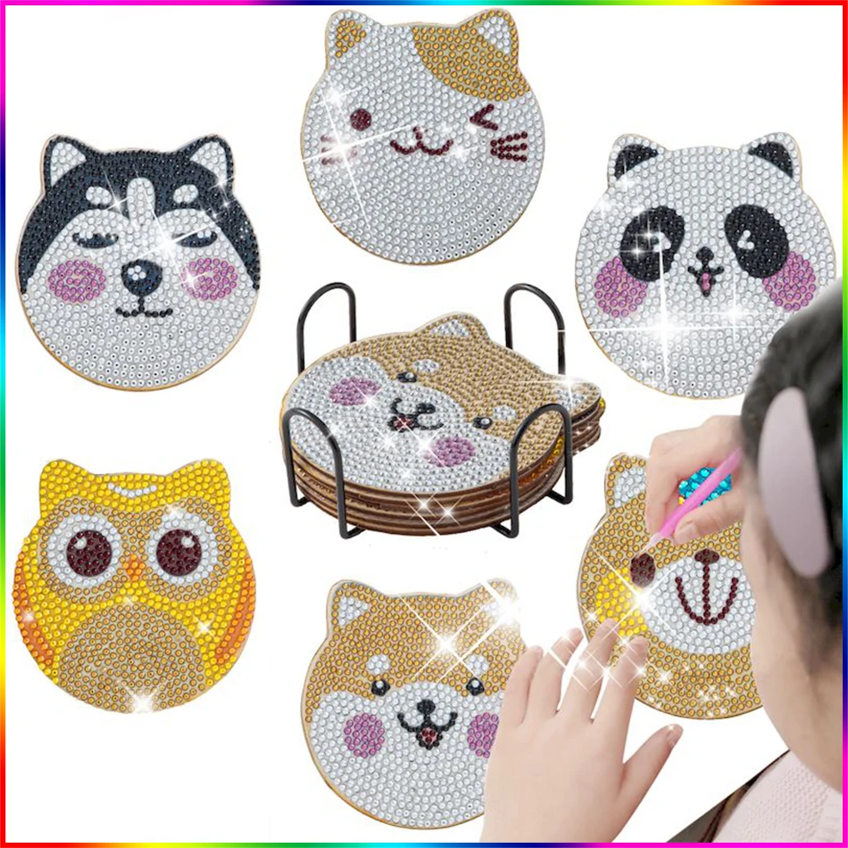 

PhotoCustom Animal 6PCS/Set DIY Diamond Painting Coaster Special-Shaped Drill Point Drill Coaster Cup Cushion With Rack Decor