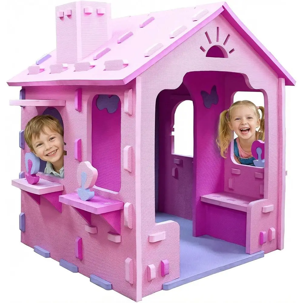 

Costzon EVA Foam Cottage Playhouse for Kids - Indoor Playground with Roof, Chimney, Windows, Doorways, Easy Assembly, Unisex Pin
