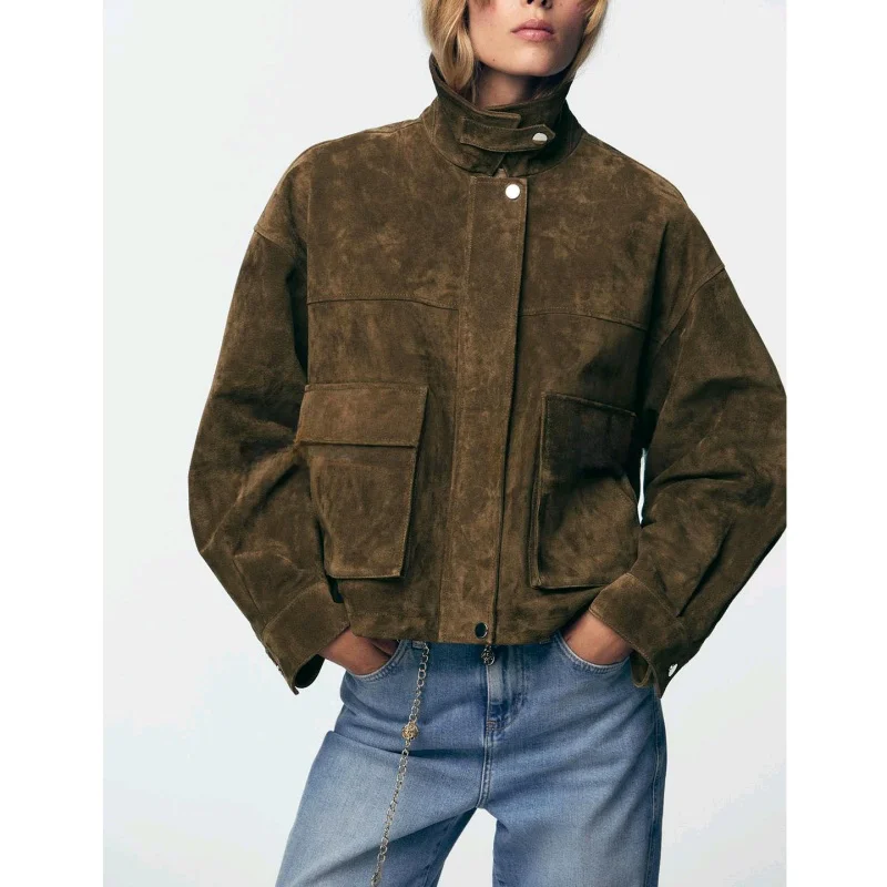 Jesienne Nowości Damskie Zamszowe Kurtki Pilotki Długie Z Wykładanym Kołnierzem Odzież Wierzchnia Codzienna Wygodna Poliester 00%