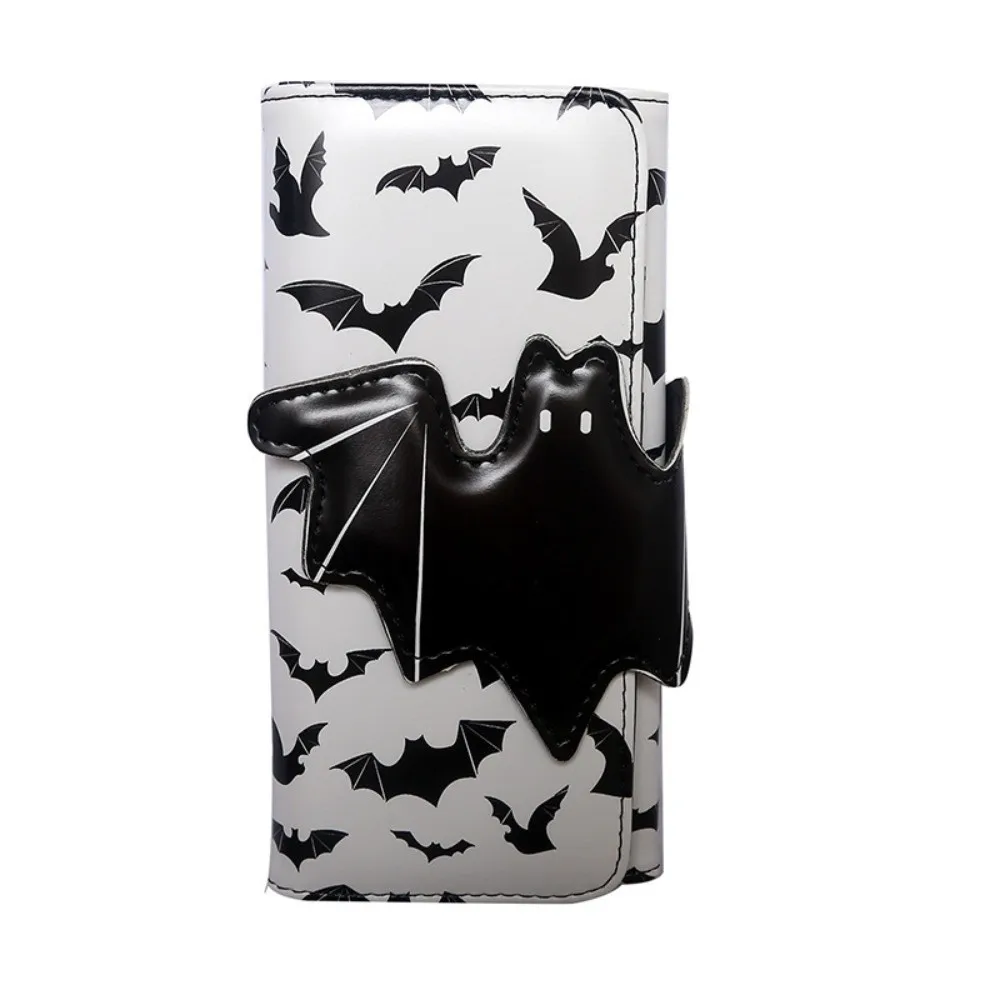 Multi-Functional Bat Ghost Print Wallet Large Capacity Buckle Design Foldable Coin Purse Long Strap Portable