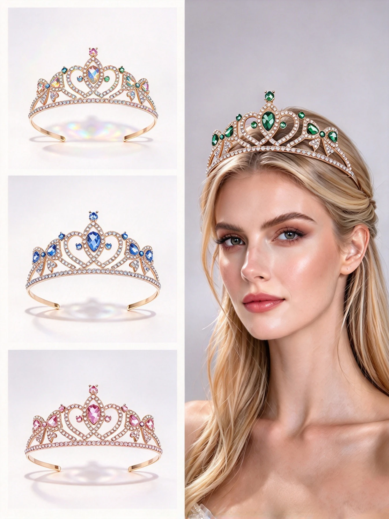 Multi-Color Rhinestone Crown Bridal Headpiece, Iridescent Green, Blue, and Pink Crystal Crown, Wedding Dress Evening Party Princess Hair Crown