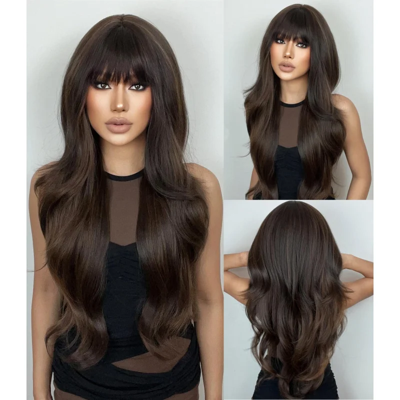 

Women Long Wavy Dark brown Synthetic Hair Heat Resistant Dress Up Wig With Bangs
