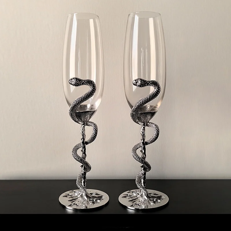 Black /Sliver Snake Champagne Glass, Branch Snake Wine Goblet Glass Creative Gothic Cocktail Glass for Bar Party Gift