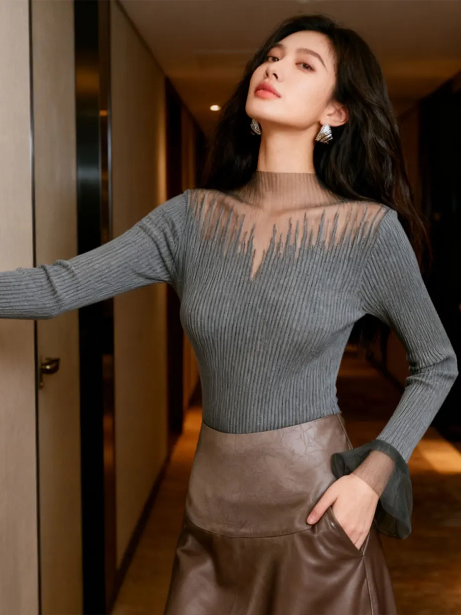 Autumn Winter Lace Splicing Half High Collar Knitted Sweater Women Long Sleeve Inner Wear Faux Fur Base Shirt Bell Sleeve Top view 4