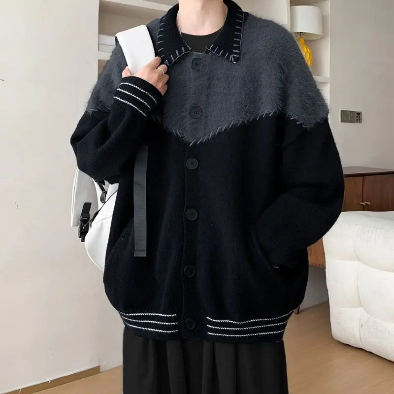 سترة محبوكة كبيرة الحجم للرجال عتيقة - سترة مرقعة بألوان متعددة، ملابس خارجية غير رسمية على الطراز الأمريكي القديم لربيع/خريف